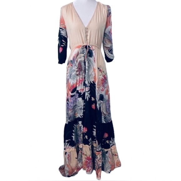 Jaase Dresses & Skirts - JAASE Boho XS Dress Floral Maxi Dress Patterned Long Peasant Tie Flowers Flowy